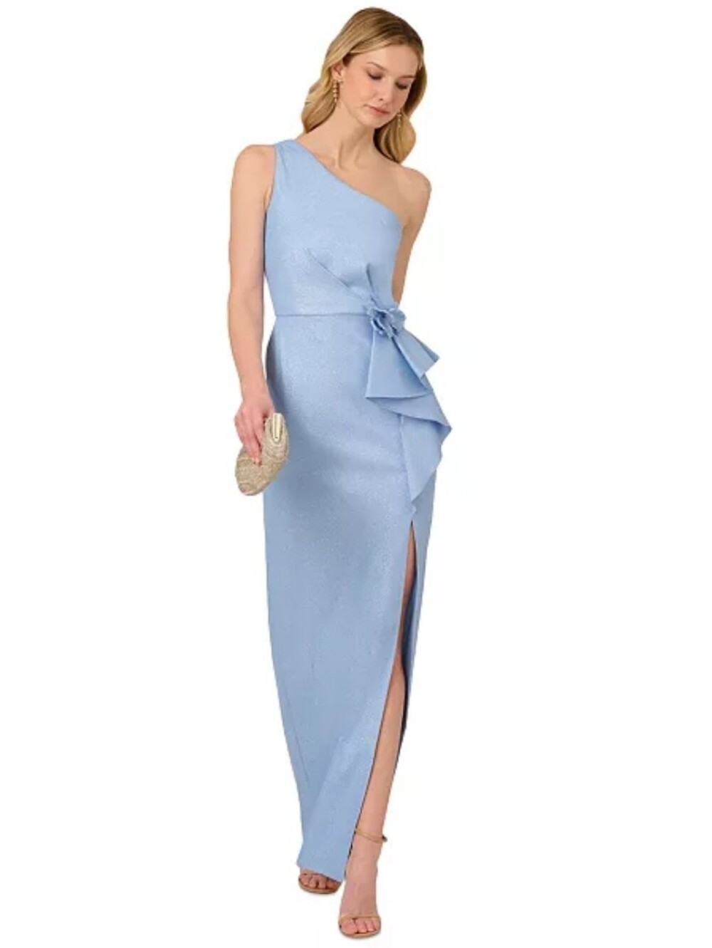 Adrianna Papell Size 4 NWT Blue Glitter One Shoulder Evening Dress Luxury $229